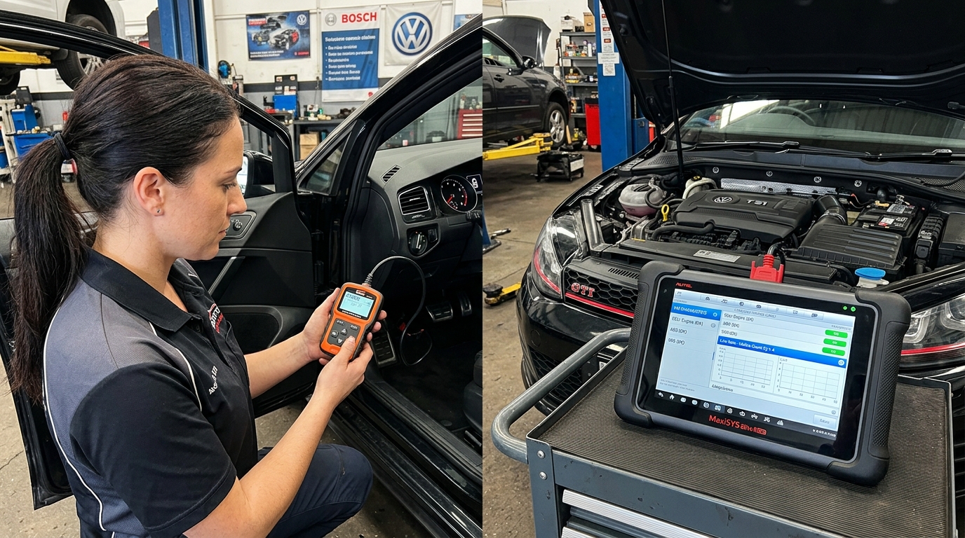 Mechanic performing initial car diagnostic scan with a handheld device